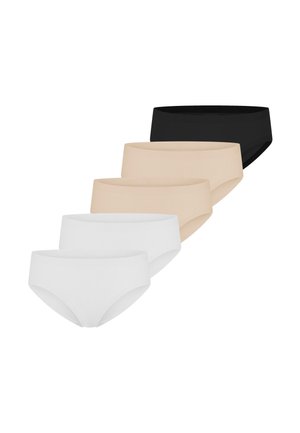 Pięć bezszwowych damskich majtek w rzędzie, kolory od przodu do tyłu: biały, biały, beżowy, beżowy i czarny.