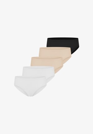 Fünf nahtlose Damen-Slips in einer Reihe, Farben von vorne nach hinten: weiß, weiß, beige, beige und schwarz.