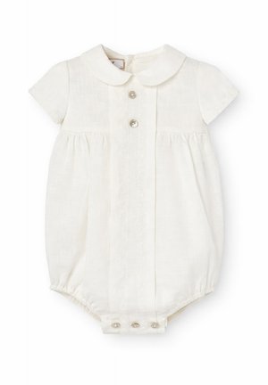 Biały niemowlęcy kombinezon z krótkimi rękawami, kołnierzykiem typu Peter Pan, guzikami z przodu, marszczonym paskiem i zatrzaskami na nogawkach.