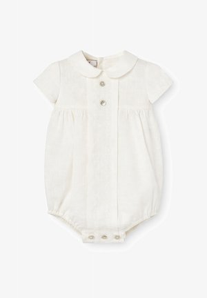 Combinaison blanche pour bébé avec manches courtes, col Peter Pan, boutons à l'avant, taille froncée et pressions aux jambes.