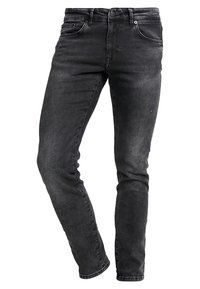 Svarta denimjeans med en smal passform, som har fem fickor, bältesömmar och lätt blekning för struktur. Traditionell dragkedja med knappstängning.