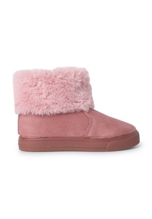Bottines roses avec un revers en fausse fourrure, en daim doux. Possède un bout arrondi et une semelle en caoutchouc épaisse avec une surface texturée.