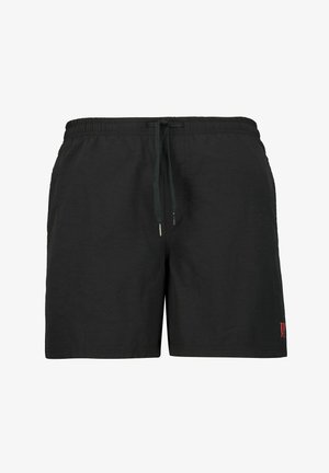Pantaloni da nuoto neri con cintura elasticizzata e cordoncino regolabile. Presentano due tasche laterali e un piccolo accento di logo rosso.