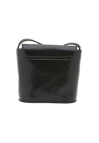 Borsa a tracolla nera in pelle con forma strutturata, texture liscia e chiusura a pattina. Presenta un manico doppio corto per il trasporto.