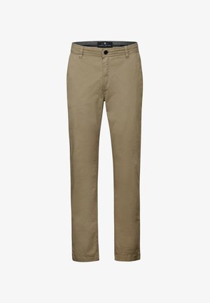Beige Baumwollchinos mit geradem Bein, ausgestattet mit einem einzelnen Knopfverschluss, Gürtelschlaufen und ohne sichtbare Muster oder Akzente.