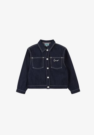 Veste en denim bleu foncé avec fermeture à boutons, deux poches avant et coutures blanches. Le logo "Kenzo" est brodé sur la poche gauche.