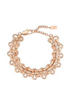 Armband mit drei Reihen in Roségold-Ton mit zylindrischen Gliedern, Schlaufenakzenten und einem Karabinerverschluss mit verstellbarer Kette und Anhänger.