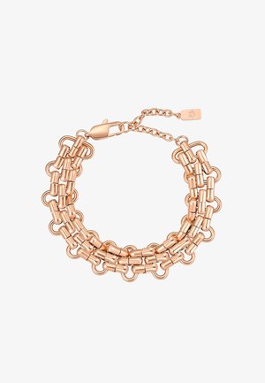 Armband mit drei Reihen in Roségold-Ton mit zylindrischen Gliedern, Schlaufenakzenten und einem Karabinerverschluss mit verstellbarer Kette und Anhänger.