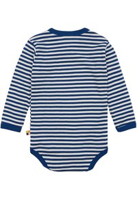 Bodysuit a maniche lunghe a righe con strisce blu e bianche, scollatura rotonda e chiusura a scatto sul fondo. Tessuto in cotone morbidissimo.