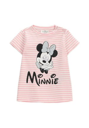 Różowa i biała koszulka w paski dla malucha z uśmiechniętą Minnie Mouse z kokardką i napisem „Minnie” czarnymi literami.