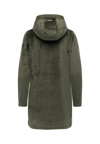 Giacca in pile verde con cappuccio, caratterizzata da una texture a costine, maniche lunghe e orlo dritto, che mette in mostra una superficie morbida e liscia.