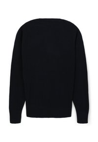 Schwarzer gestrickter Pullover mit geripptem Muster, langen Ärmeln und rundem Halsausschnitt. Die Rückseite ist schlicht und hat keine zusätzlichen Details.