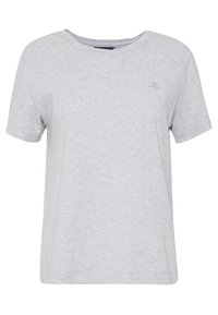 T-shirt grigio a maniche corte realizzato in materiale morbido, con scollatura rotonda e un piccolo logo sul lato sinistro in alto.