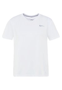 Camiseta blanca de manga corta hecha de tela ligera, con un logo gris de Nike en el pecho y un diseño de cuello redondo.