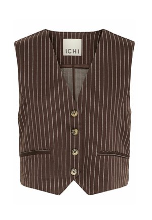 Bruine gestreepte vest met een V-hals ontwerp, voorknopen, twee zakken, contrasterende witte strepen en een gladde textuur. Merkenlabel: ICHI.