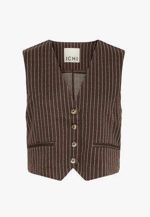 Pruuniribaastikuga vest, V-kaelusega, esipolt nupukesed, kaks taskut, kontrastsed valged ribad ja sile tekstuur. Brändi silt: ICHI.