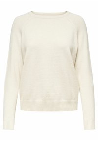 Beige Pullover aus weichem, strukturiertem Stoff. Mit Rundhalsausschnitt, langen Ärmeln sowie geripptem Saum und Bündchen. Schlichtes Design.