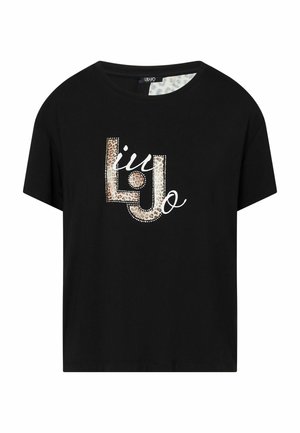 T-shirt nera a maniche corte con logo "Liu Jo" in stampa leopardata e scritta bianca, con piccoli strass intorno al logo.