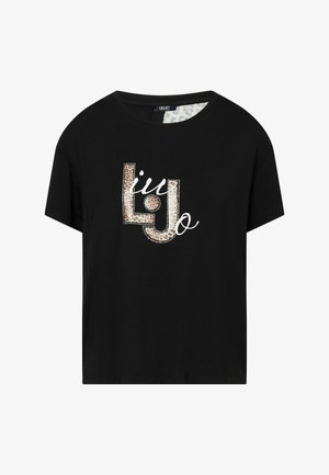 T-shirt nera a maniche corte con logo "Liu Jo" in stampa leopardata e scritta bianca, con piccoli strass intorno al logo.