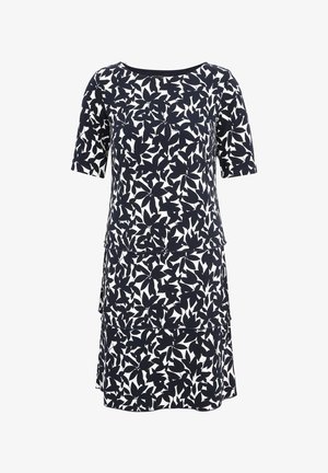 Sukienka z krótkim rękawem w granatowym kolorze z białym wzorem liści. Posiada warstwowy krój i okrągły dekolt. Gładka faktura materiału.