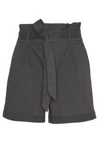Šedé látkové šortky s vysokým pasem, s páskem a mašlí, s sklady vpředu a ohrnutými lemy. Hladká textura, ležérní design a bez viditelných vzorů.