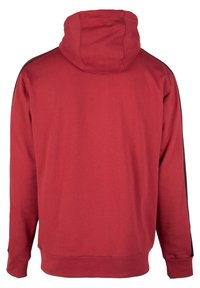 Rode pullover hoodie met een zwart zijpaneel, met een ruime capuchon en geribbelde manchetten. Gemaakt van een zachte katoenmix stof, zonder zichtbare versieringen.