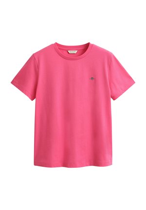 Helles pinkes Kurzarm-T-Shirt aus Baumwolle mit rundem Ausschnitt und kleinem gesticktem Logo auf der linken Brust.