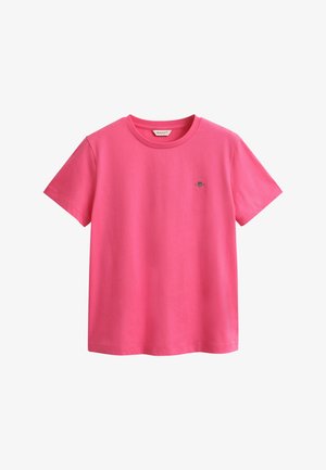Helles pinkes Kurzarm-T-Shirt aus Baumwolle mit rundem Ausschnitt und kleinem gesticktem Logo auf der linken Brust.