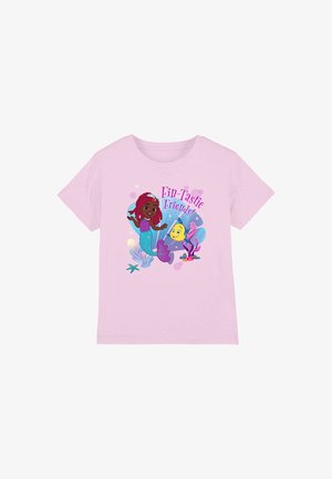 Light purple children's shirt with cartoon mermaid, yellow fish, sea plants, and text "Fin-Tastic Friends!" in colorful letters.