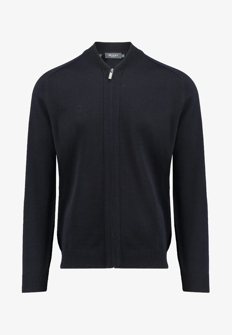 Cardigan in navy con zip e colletto alto, caratterizzato da polsini e orlo a costine. Realizzato in un morbido tessuto a maglia senza motivi o decorazioni visibili.