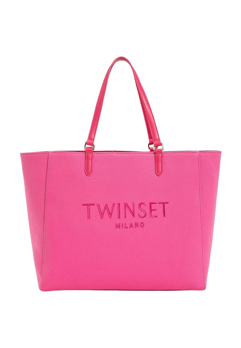 Borsa tote rosa realizzata in tessuto resistente, con logo "TWINSET MILANO" in rilievo, due manici simili alla pelle e un design spazioso e strutturato.