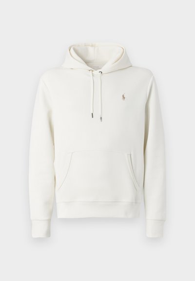 Sweatshirt de algodão branco com bolso canguru, capuz ajustável com cordão, punhos canelados e um pequeno logo bordado no peito.