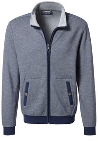 Chaqueta con cremallera en un patrón de espiga azul, con un collar gris, detalles en color marino, dos bolsillos frontales con broches y puños acanalados.