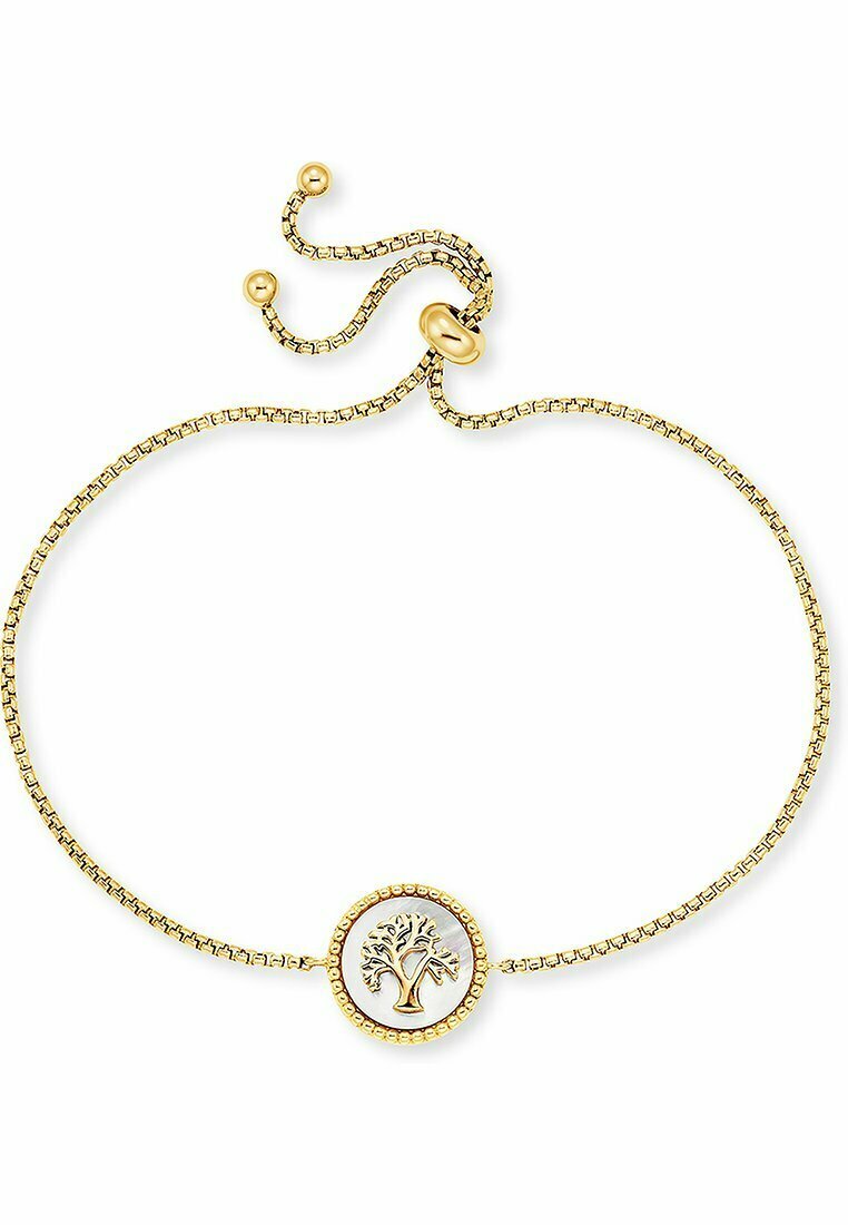 Guldarmband med ett dekorativt trädemblem i en cirkulär hänge. Justerbar stängning med små pärlor längs en fin länkkedja.