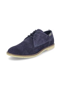 Navyblaue Wildleder Schnürschuhe mit strukturiertem Finish. Sie verfügen über eine tanfarbene Gummisohle und dezente Nähdetails entlang der Nähte.