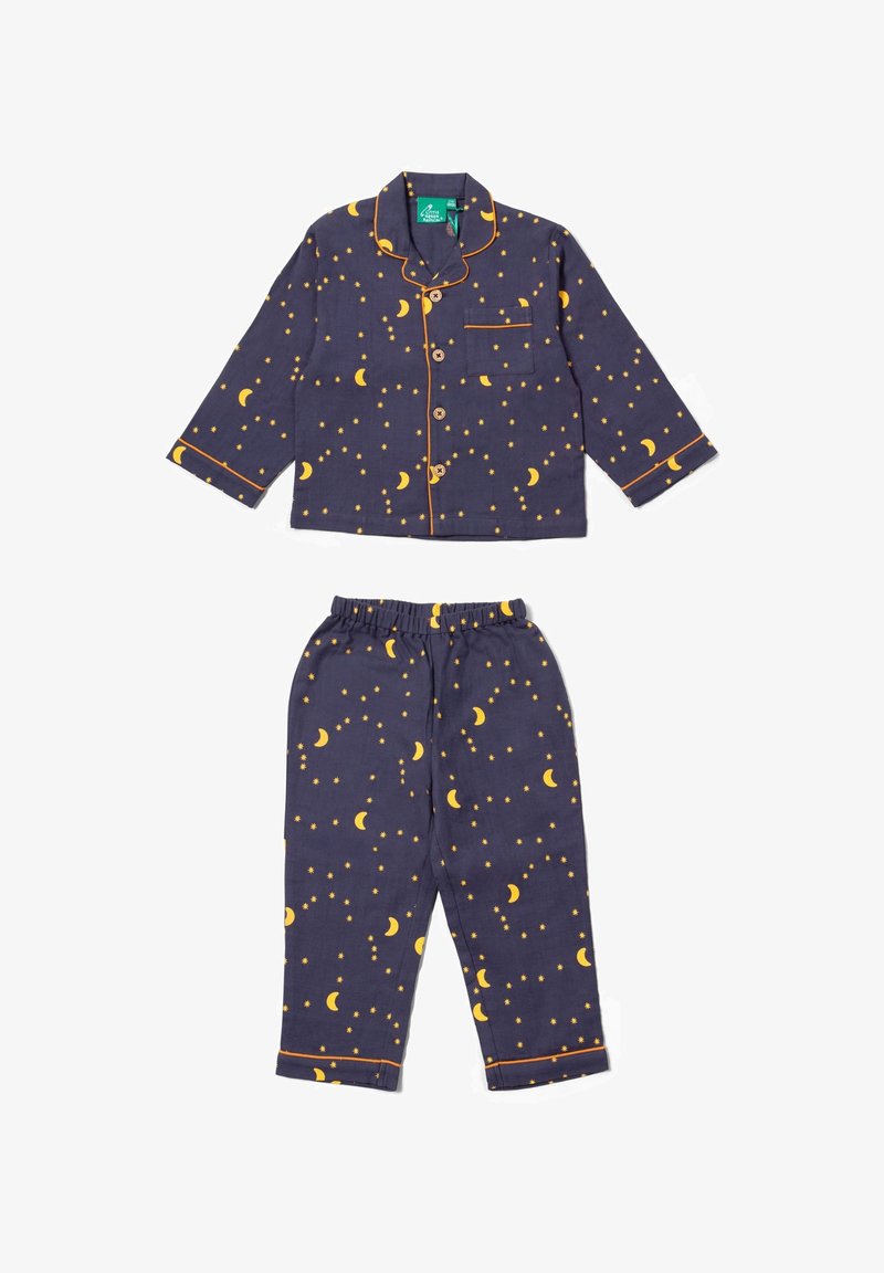 Navy pajama set with yellow moon and star pattern, featuring a button-up top with a pocket and elastic waistband pants, made of soft fabric.