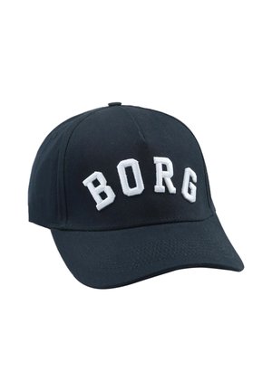 Schwarze Baseballkappe mit weißen, gestickten Buchstaben BORG auf der Vorderseite, gebogenem Schirm und Stoffknopf oben.