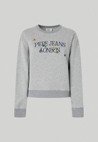 Šedá bavlněná mikina s výšivkou textu "PEPE JEANS LONDON" s květinovými akcenty a žebrovanými manžetami a lemem.