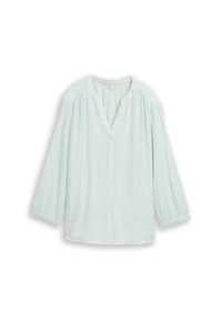 Blouse vert clair à manches longues avec fines rayures verticales, encolure ronde avec patte de boutonnage courte et détails froncés aux épaules et aux poignets.