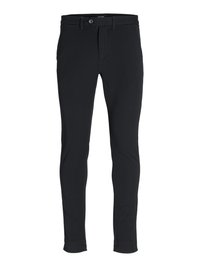 Schwarze, taillierte Hosen mit glatter Textur, ausgestattet mit einem Reißverschluss, einem Knopfverschluss und aufgerollten Säumen.