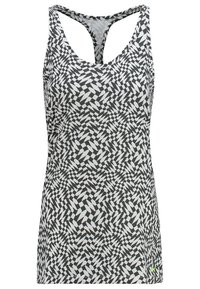 Zwart-wit gestreepte tanktop met een gladde textuur, voorzien van een racerback ontwerp en een klein groen logo-accent.