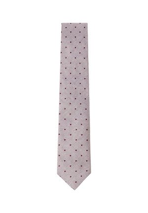 Corbata rosa claro con pequeños lunares rojo oscuro distribuidos uniformemente en un patrón de cuadrícula texturizada.