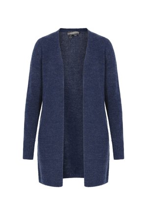 Mornarsko modra jopica iz mehkega pletenega materiala, odprta spredaj, dolgi rokavi z rebrastimi manšetami, ima sproščen kroj za udobje.