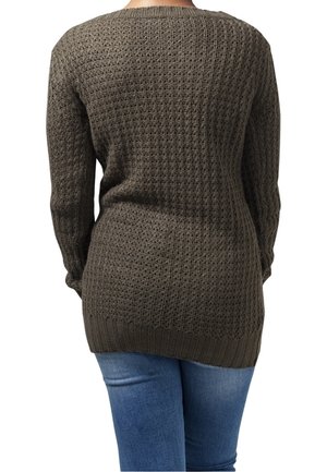Pull en tricot vert olive avec un design texturé, des manches longues et un ourlet côtelé. Vue de dos avec une coupe ample.