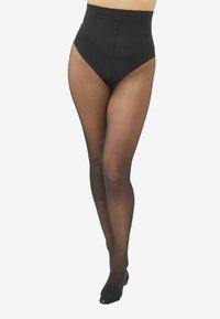 Svarta högmidjade leggings med genomskinliga ben, slät textur och bred midja, designade för att ge täckning och stöd.