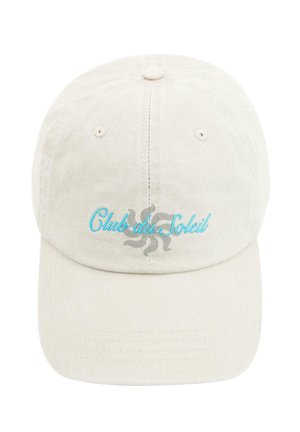 Beige Baseballkappe mit blauem "Club du Soleil"-Stickerei und einem grauen Sonnensymbol, das zentriert über dem Schirm angebracht ist.