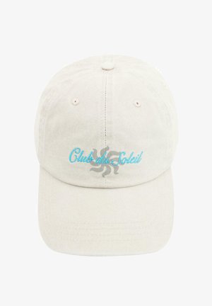 Beige baseballkasket med blå "Club du Soleil" broderi og et gråt solsymbol placeret centralt over skyggen.