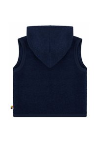 Navy ärmelloses Hoodie aus weichem Stoff, mit einer Kapuze auf der Rückseite, strukturiertem Oberflächenmaterial und gerippten Armausschnitten sowie einem kleinen mehrfarbigen Etikett am Saum.