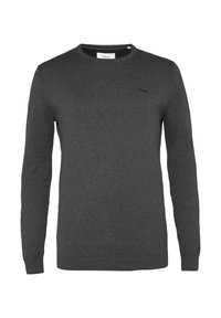 Donkergrijze lange mouw sweater van een glad gebreid materiaal. Heeft een ronde hals en een subtiele logo-detail op de borst.