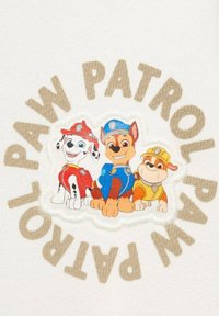 Conception de la Pat' Patrouille mettant en scène trois chiens de dessin animé : un chien tacheté en tenue rouge, un chien brun en tenue bleue et un chien fauve en jaune, entourés d'un texte beige.